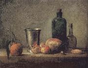 Jean Baptiste Simeon Chardin Orange silver apple pears and two glasses of wine bottles Sweden oil painting reproduction